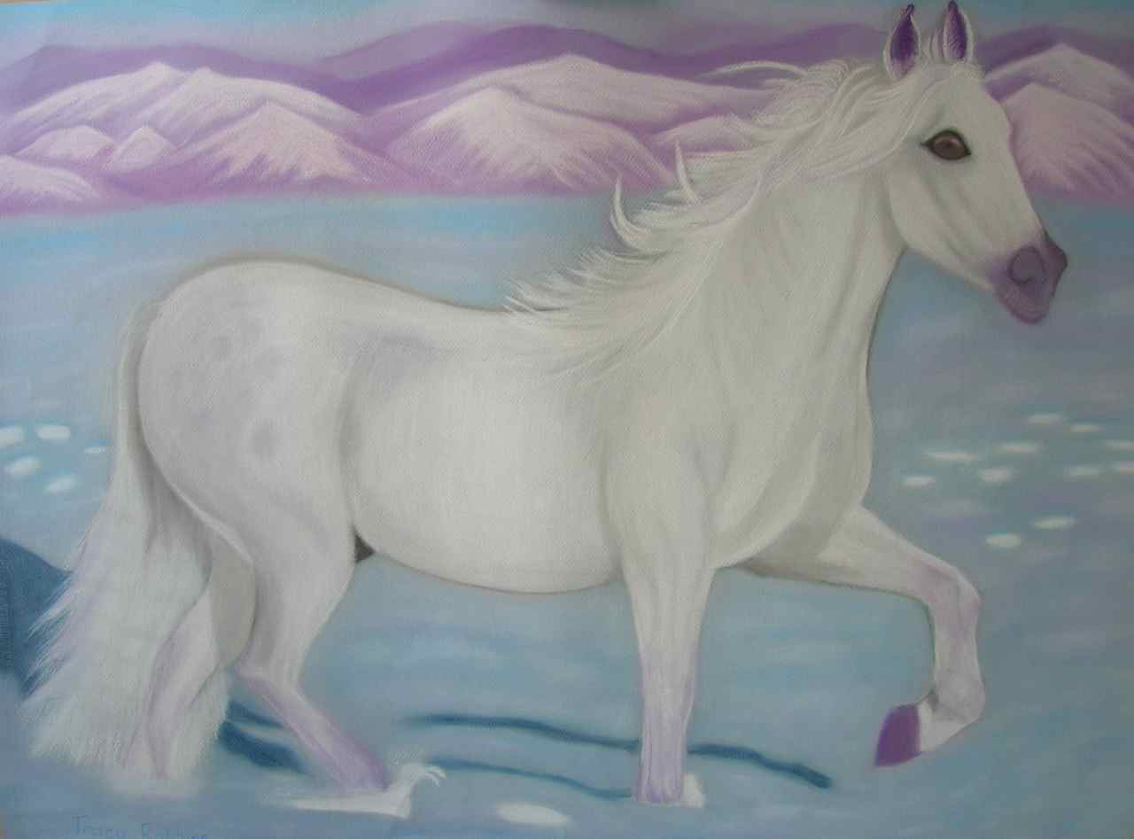 Serenity- White horse  in snow - Energetic Art to harmonise to your environment by Tracy Robbins